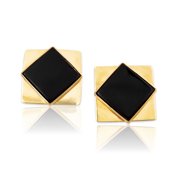 Vintage Large 14k Yellow Gold 5cttw Onyx Statement Squares Stud Earrings