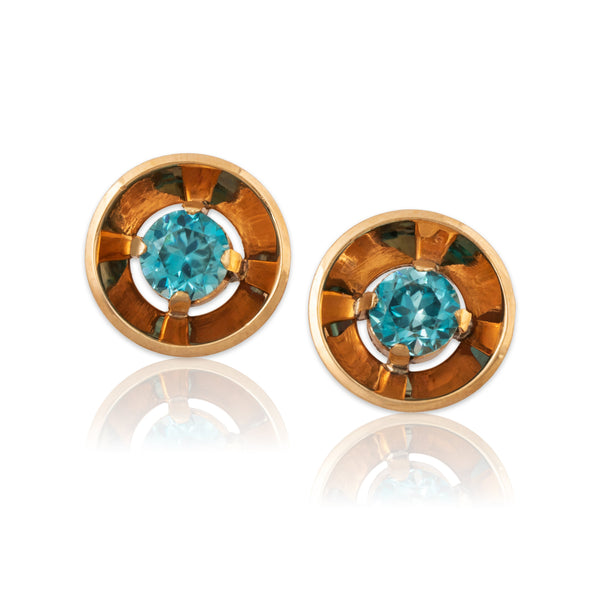 Vintage 14k Rose Gold 2.6cttw Blue Zircon Flashing Disk Stud Earrings