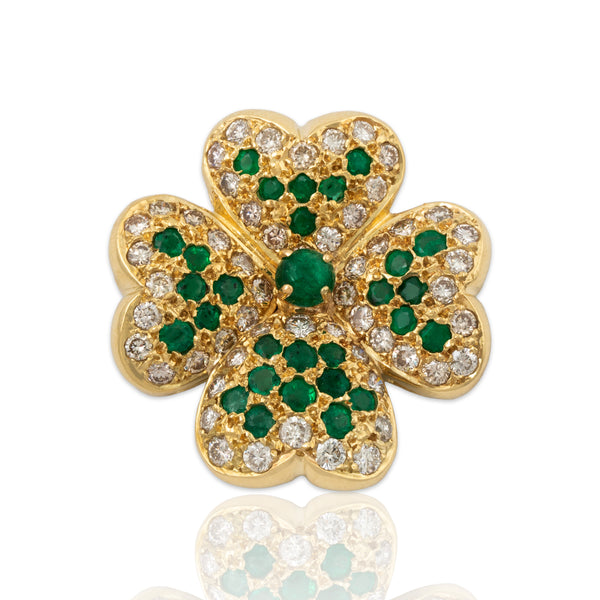Vintage Large 14k Yellow Gold 1.81cttw Diamond 1.5cttw Emerald Clover Pendant