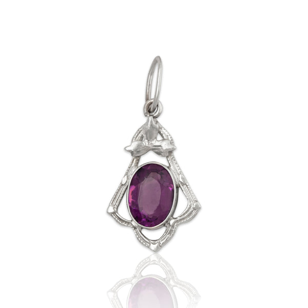 Antique Art Deco 10k White Gold Deep Purple Glass Blossom Charm / Pendant