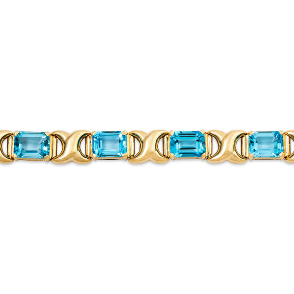 Vintage Stunning 14k Yellow Gold 20cttw Blue Topaz Emerald-Cut Bracelet 6.75
