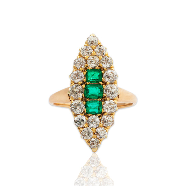 Antique Victorian 14k Rosy Yellow Gold 1.738cttw Old Mine Diamond Emerald Ring