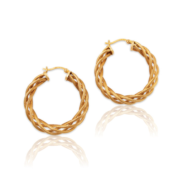 Vintage 14k Yellow Gold Textured Wire Twists Hoop Earrings