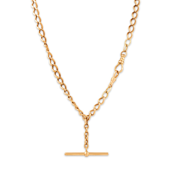 Antique Victorian Heavy 14k Rosy Yellow Gold Watch Chain T-Bar Necklace 15.75