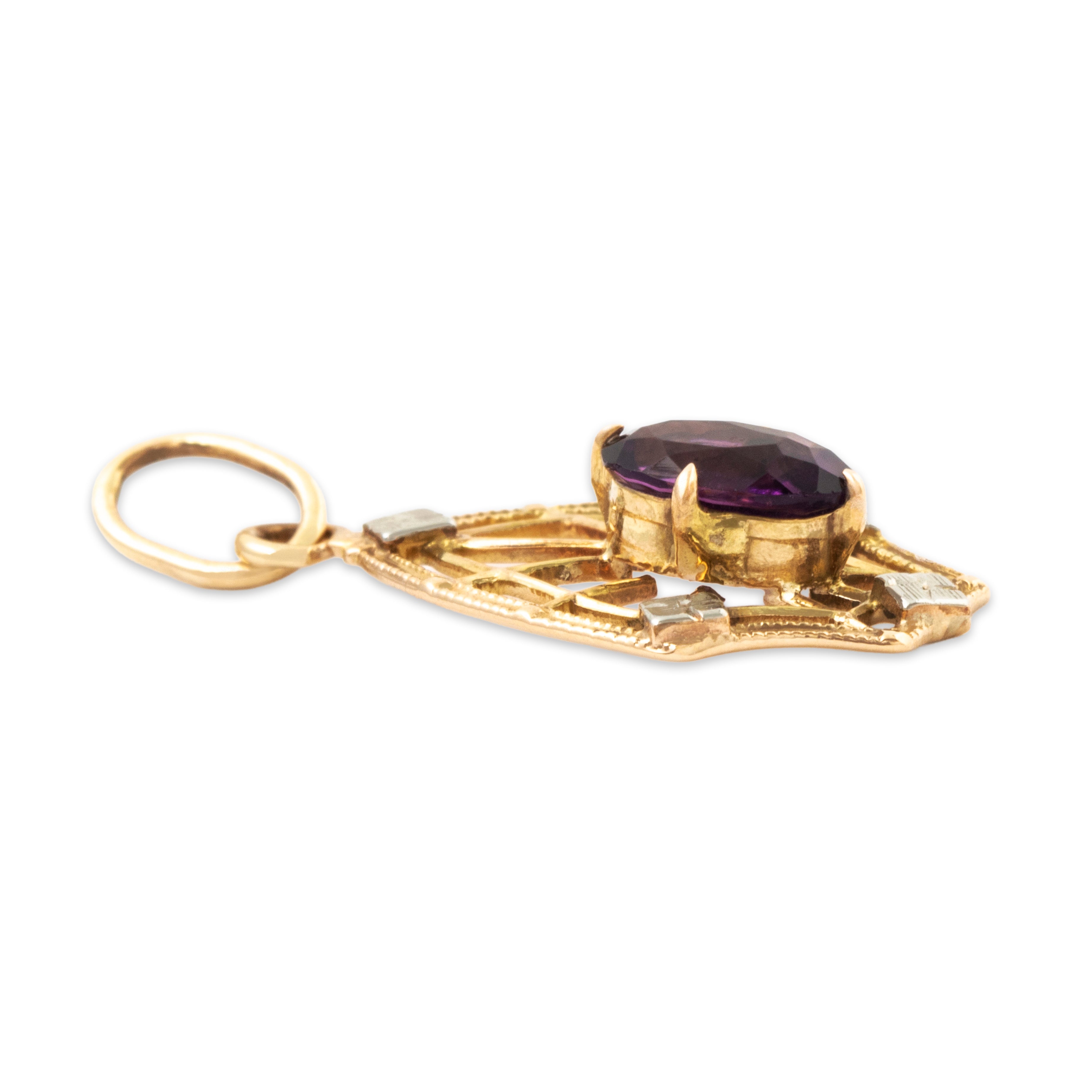 Antique 10k Yellow & White Gold Purple Glass Openwork Milgrain Charm / Pendant