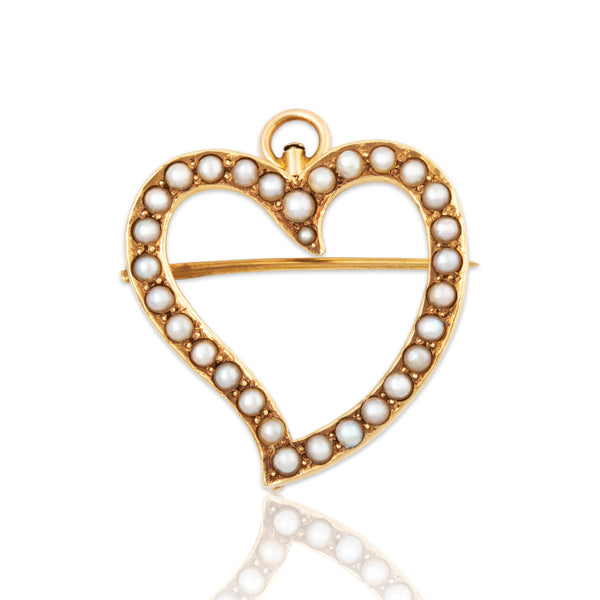 Antique Edwardian 14k Yellow Gold Pearl Wonderful Heart Pin / Pendant