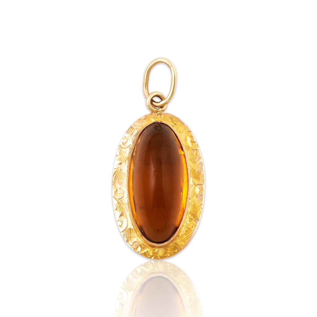 Antique 10k Yellow Gold Golden-Brown Glass Engraved Border Charm / Pendant