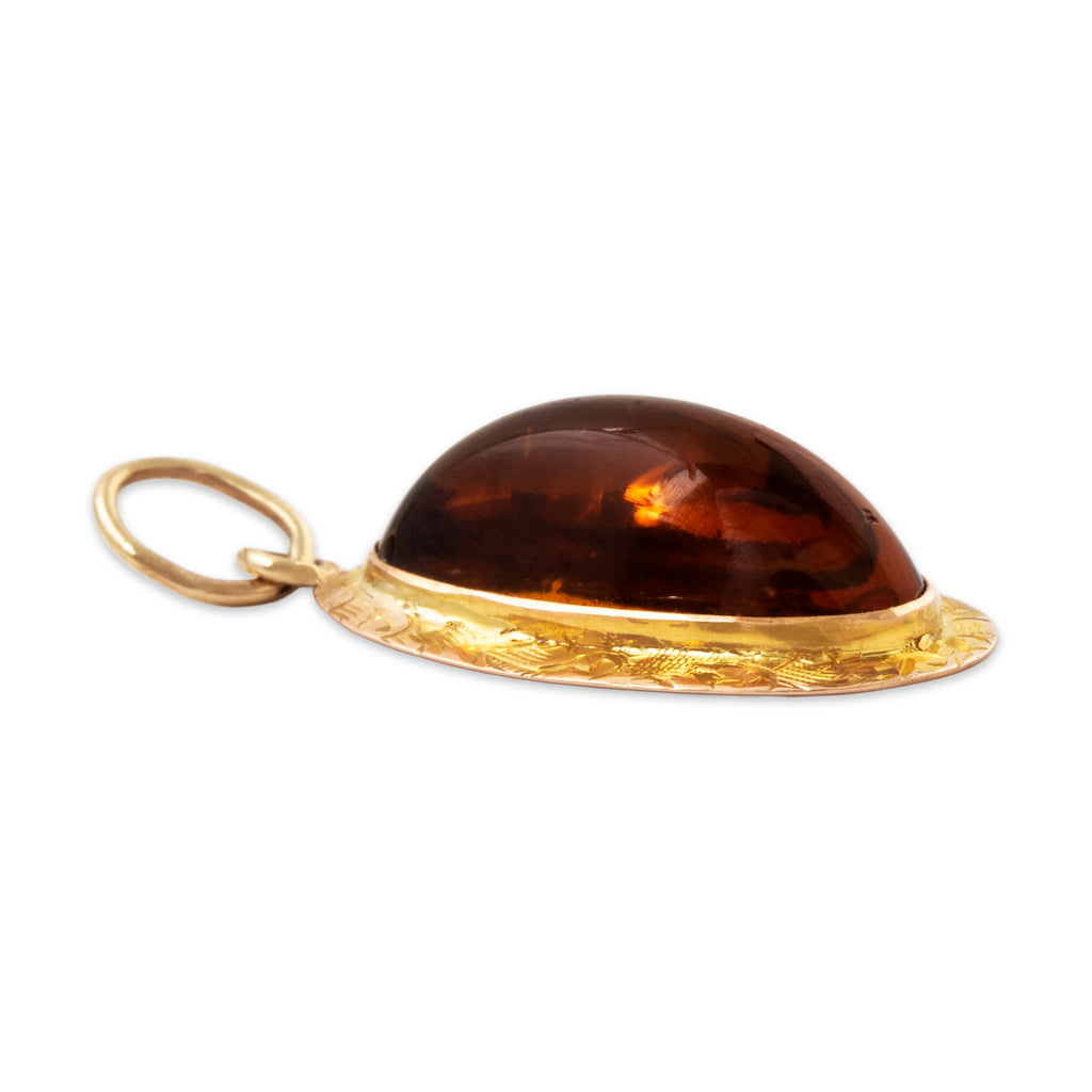 Antique 10k Yellow Gold Golden-Brown Glass Engraved Border Charm / Pendant