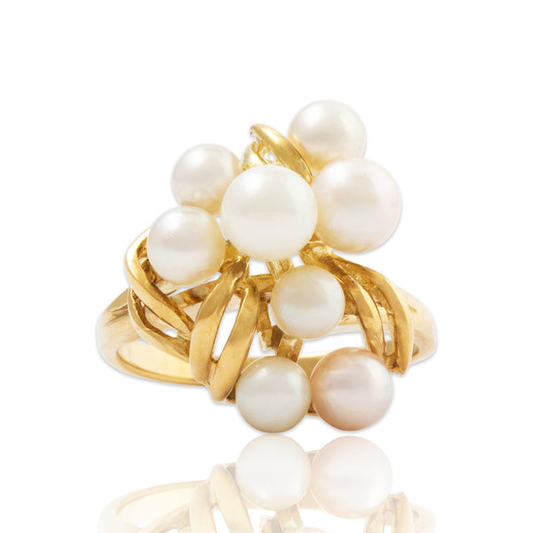 Vintage 14k Yellow Gold Pearl Cluster Cocktail Ring 6.25
