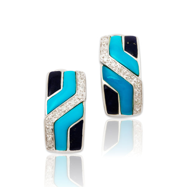 Vintage 14k White Gold Turquoise Lapis Lazuli .264cttw Diamond Inlay Earrings