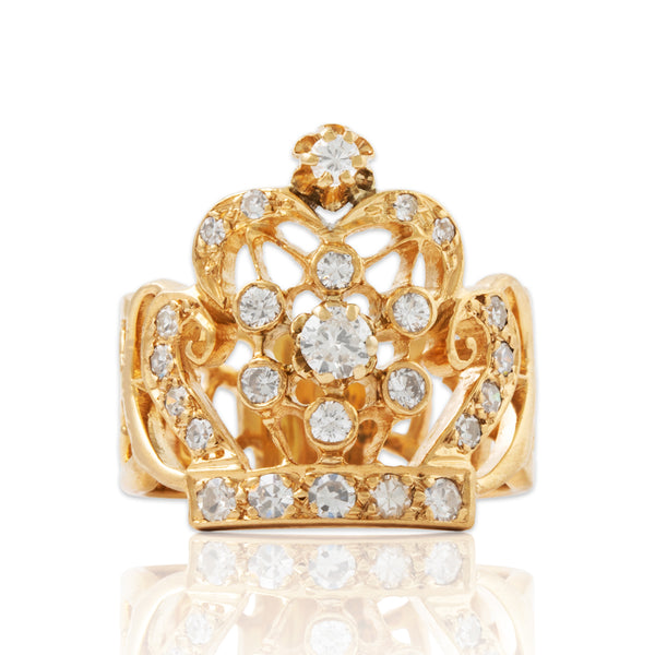 Vintage Large 10k Yellow Gold .864cttw Diamond Crown Ring 7.25