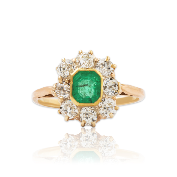 Antique 14k Yellow Gold 1.38cttw Old Mine Diamond Emerald Dazzling Halo Ring