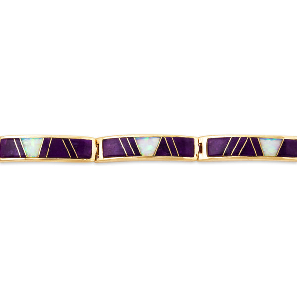 Vintage Heavy 14k Yellow Gold Sugilite Opal Geometric Inlay Bracelet 7