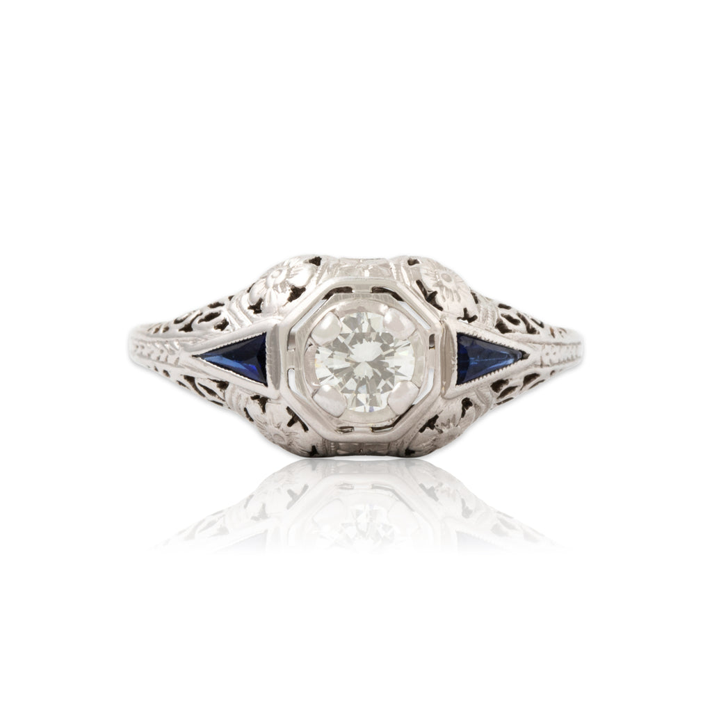 Antique Belais 18k White Gold Natural Diamond Blue Synthetic Sapphire Ring