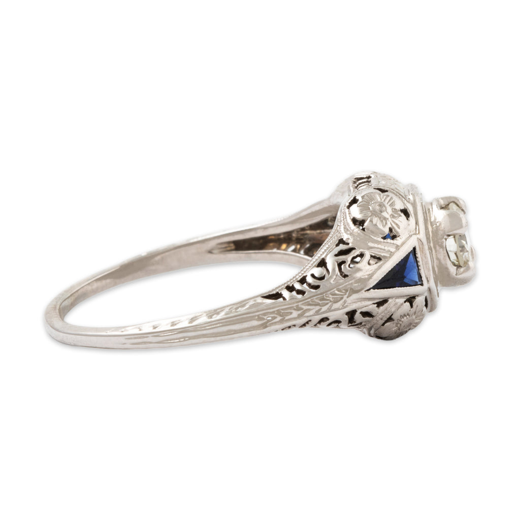 Antique Belais 18k White Gold Natural Diamond Blue Synthetic Sapphire Ring