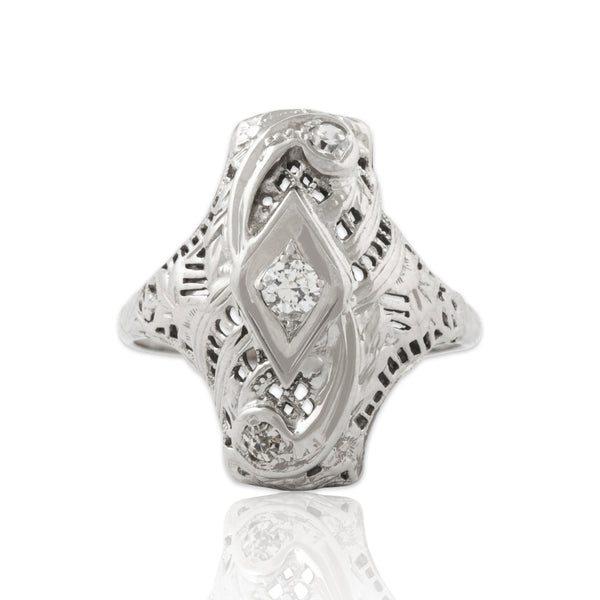 Antique Art Deco 18k White Gold Diamond Openwork Swirling Trio Ring 5.75