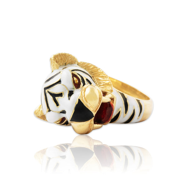 Vintage Heavy 18k Yellow Gold Enamel Fabulous Figural Tiger Ring 5.00