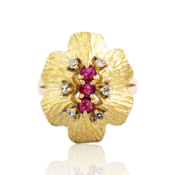Vintage 18k Yellow Gold Ruby Diamond Bold Floral Cocktail Ring 5.75