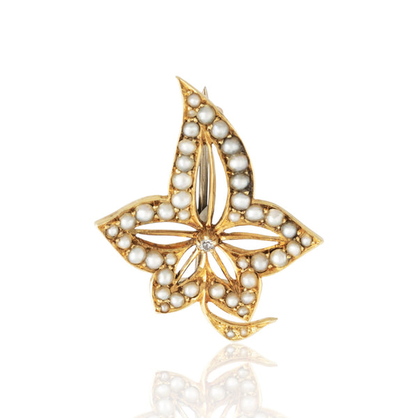 Antique Victorian 15k Yellow Gold Pearl Diamond Lovely Leaf Pin / Brooch