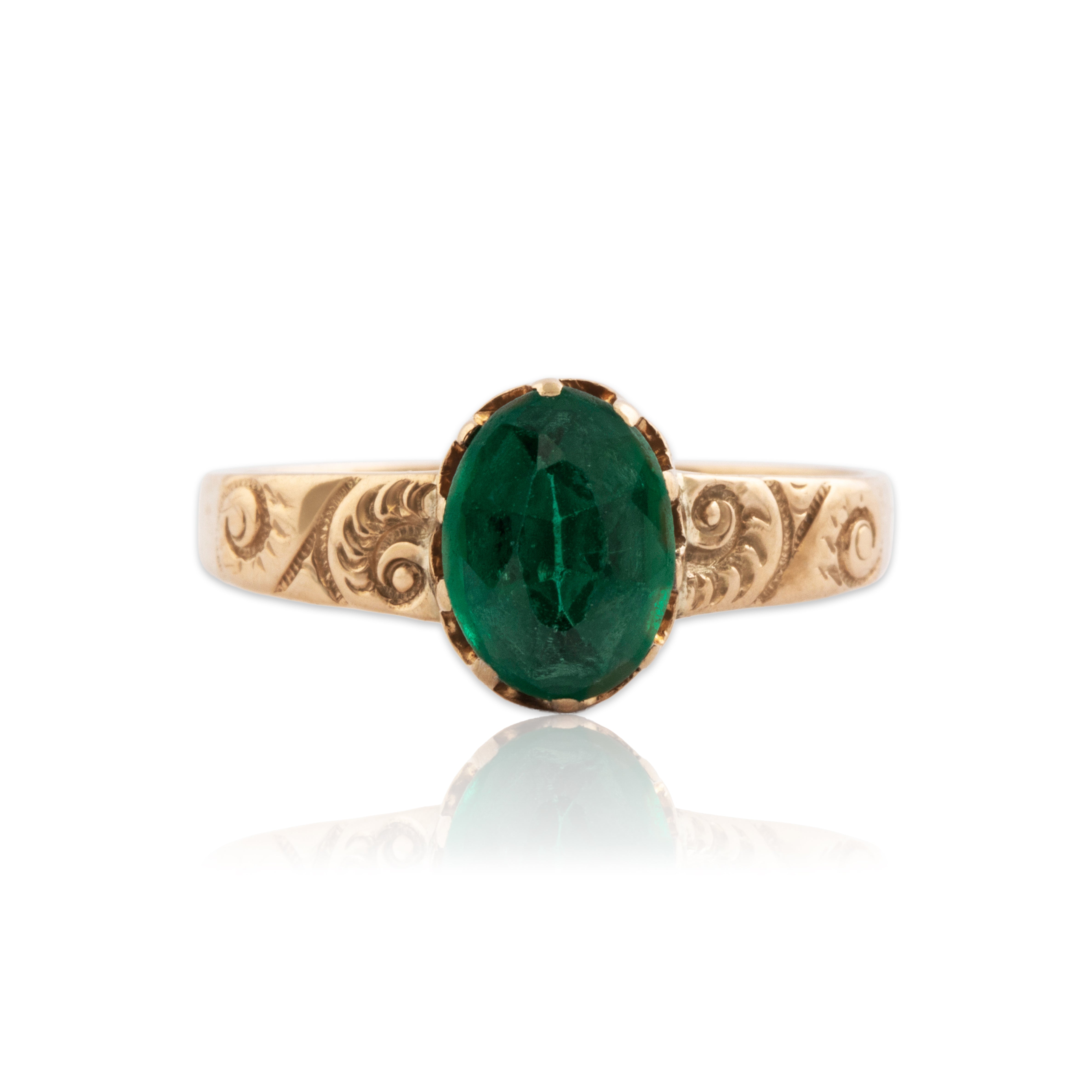 Antique Edwardian 10k Rosy Yellow Gold Green Glass Engraved Ring 6.25