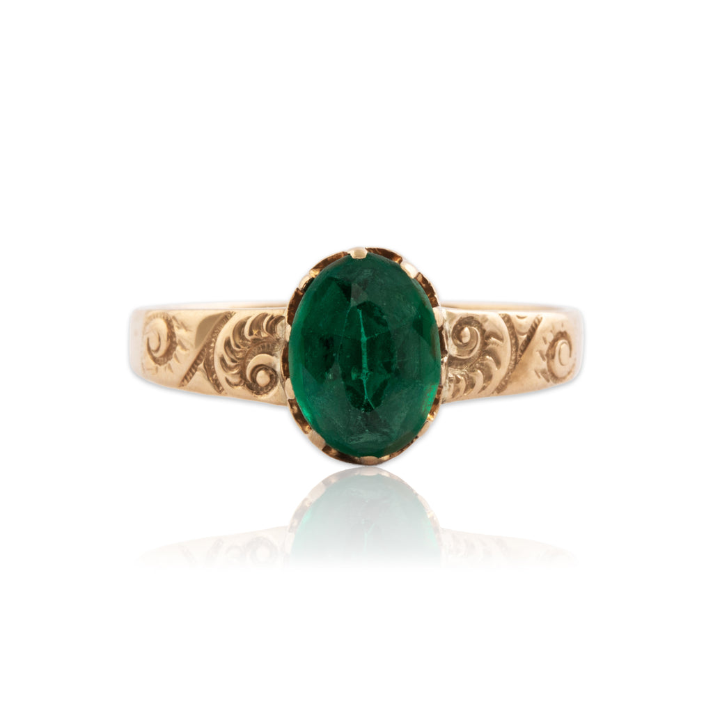 Antique Edwardian 10k Rosy Yellow Gold Green Glass Engraved Ring 6.25