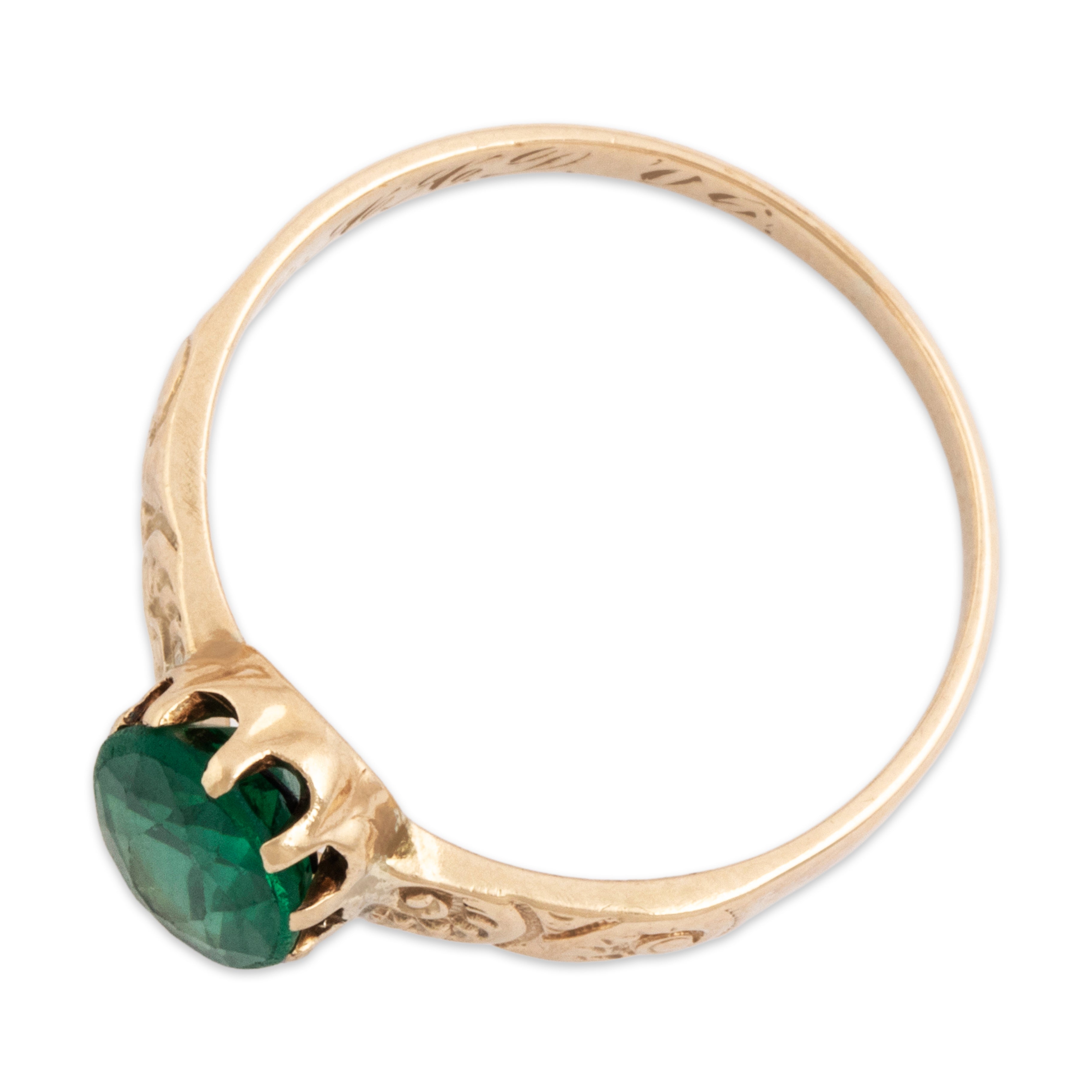 Antique Edwardian 10k Rosy Yellow Gold Green Glass Engraved Ring 6.25