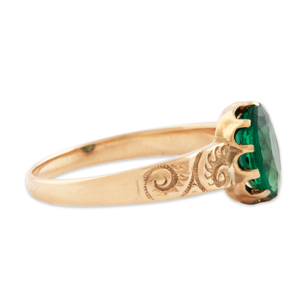Antique Edwardian 10k Rosy Yellow Gold Green Glass Engraved Ring 6.25