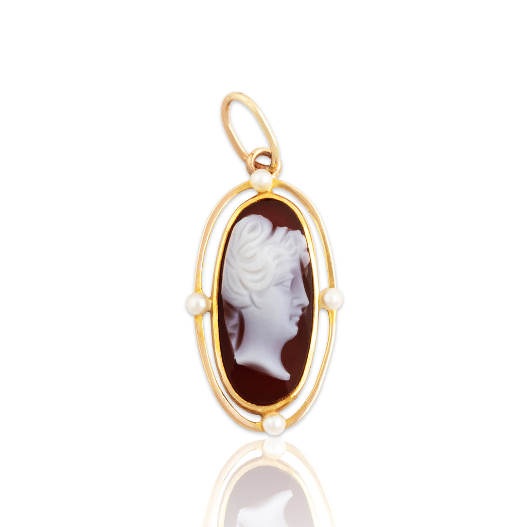 Antique 10k Yellow Gold Hardstone Pearl Carved Cameo Charm / Pendant