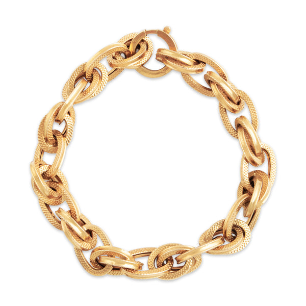 Vintage 18k Yellow Gold Textured Double Links Statement Bracelet 6.75