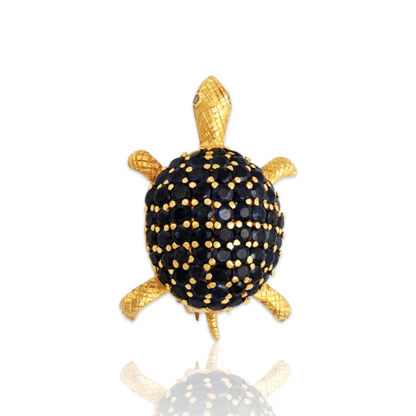 Vintage Heavy 18k Yellow Gold 3.3cttw Sapphire Diamond Delightful Turtle Brooch