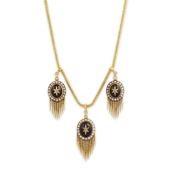 Antique 14k Yellow Gold Garnet Old Mine Diamond Pearl Superb Fringe Necklace 19