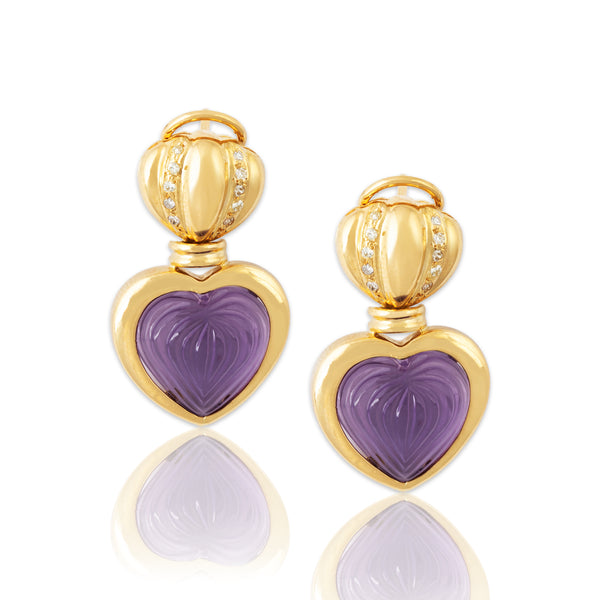 Vintage 18k Yellow Gold Amethyst Diamond Regal Hearts Statement Earrings