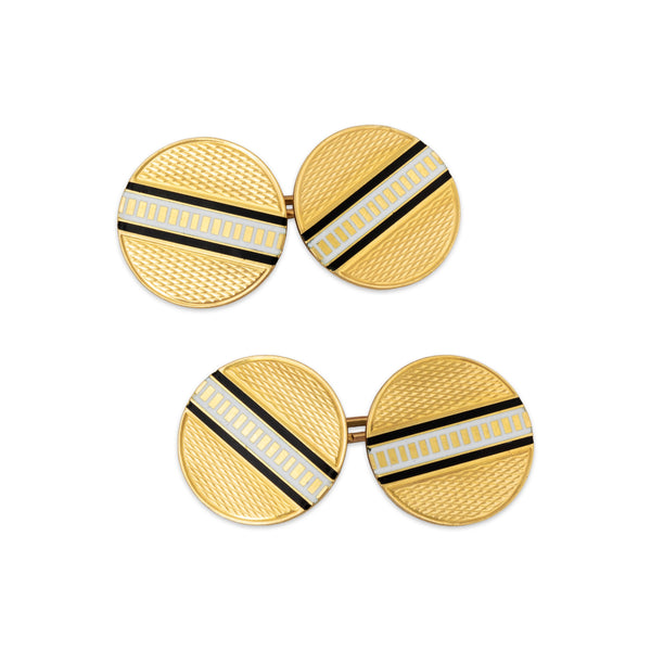 Vintage French 18k Yellow Gold Black & White Enamel Geometric Cufflinks