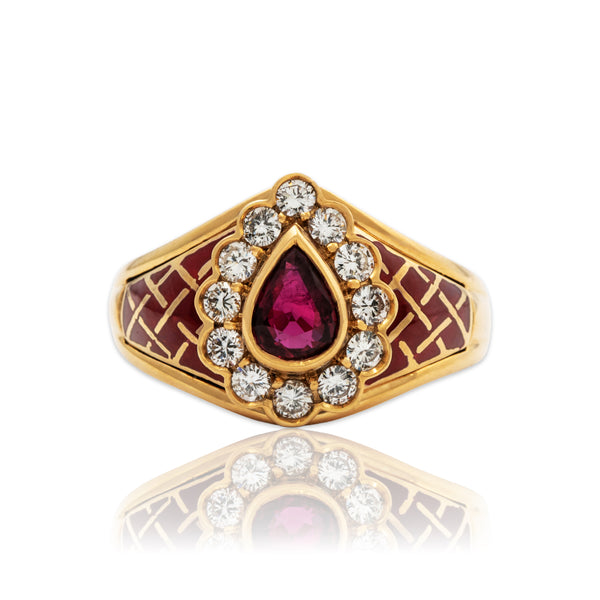 Vintage French Heavy 18k Gold .75ct Ruby Diamond Red Enamel Superb Ring 6.25