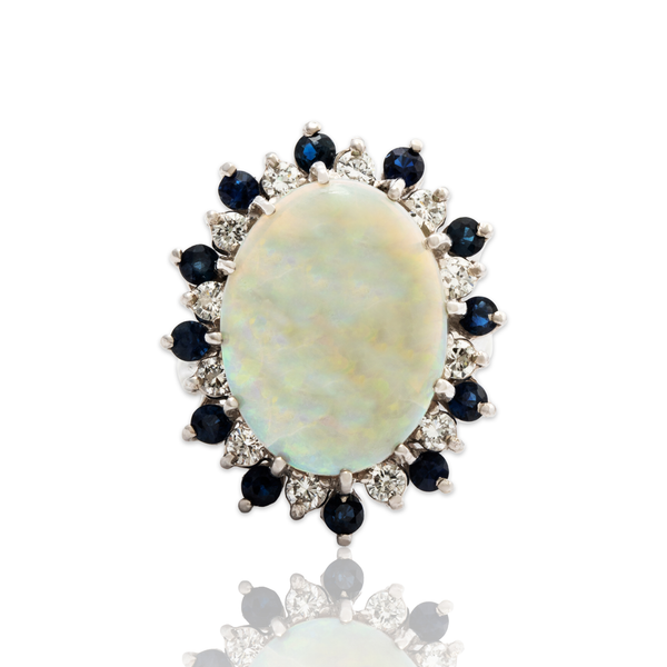 Vintage Large 14k White Gold 9.2ct Opal Sapphire Diamond Fantastic Halo Ring