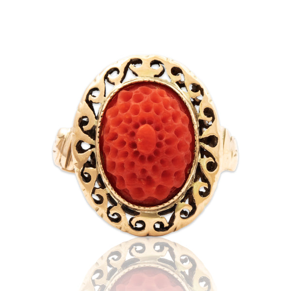 Antique Victorian 10k Yellow Gold Coral Intricate Carved Bloom Ring 5.25