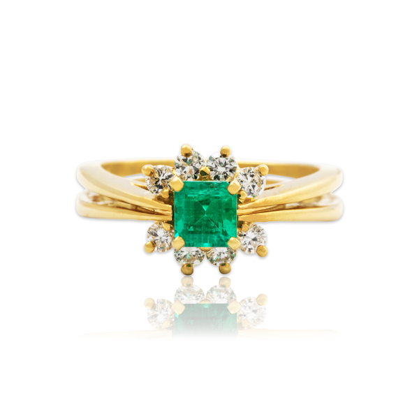 Vintage 18k Yellow Gold .6ct Emerald Diamond Halo Double Band Ring 6.75