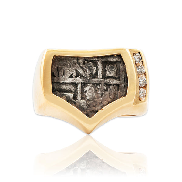 Vintage Heavy 14k Yellow Gold Diamond Silver Coin Fragment Ring 7.00