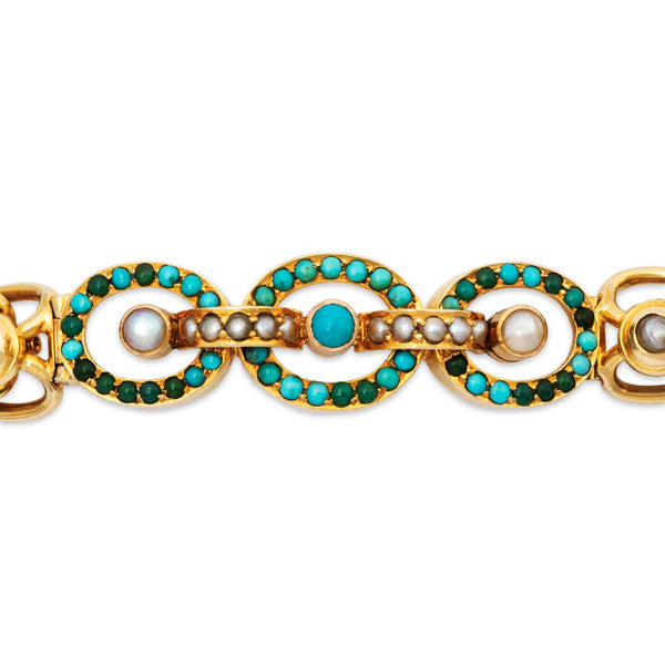 Antique Victorian 15k Yellow Gold Turquoise Pearl Unusual Spring Bracelet 6.5