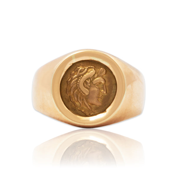 Vintage Heavy 14k Yellow Gold Roman-Style Coin Signet Ring 9.25
