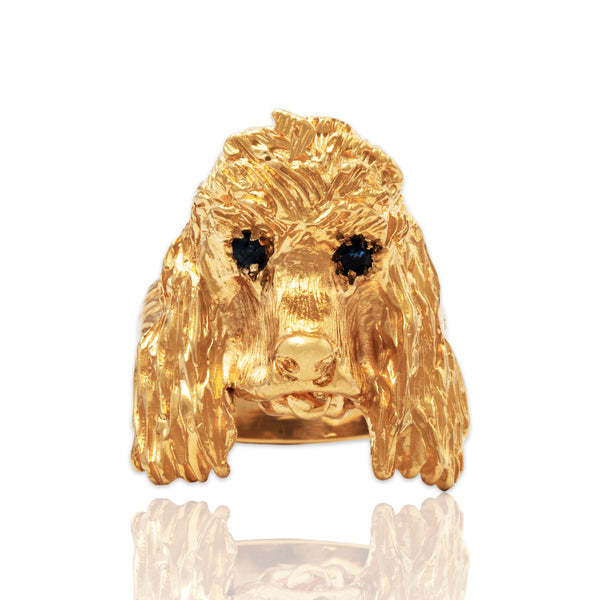 Vintage Heavy 14k Yellow Gold Blue Sapphire Fantastic Figural Spaniel Ring 6.00