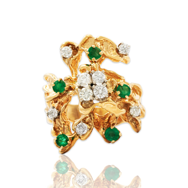 Vintage Large 14k Yellow Gold .67cttw Diamond Emerald Bold Brutalist Ring 7.75