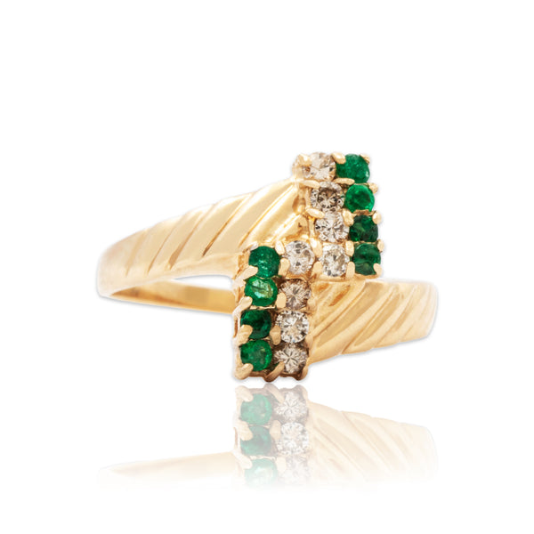 Vintage 14k Yellow Gold Emerald Diamond Bypass Ring 9.0