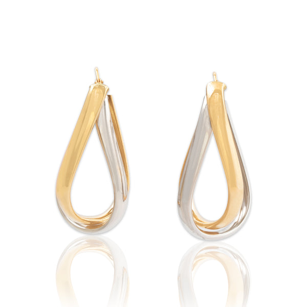 Vintage Large Italian 14k Yellow & White Gold Criss-Cross Duo Hoop Earrings