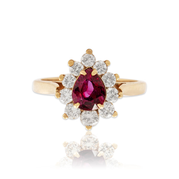 Vintage 14k Yellow Gold 1ct Ruby .6cttw Diamond Stunning Pear Halo Ring 6.50