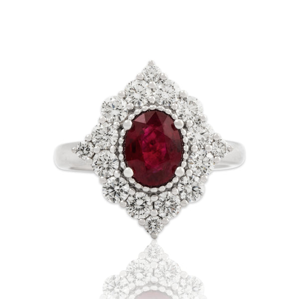 Vintage 18k White Gold 1.16ct Burmese Ruby Diamond Incredible Kite Ring 6.75