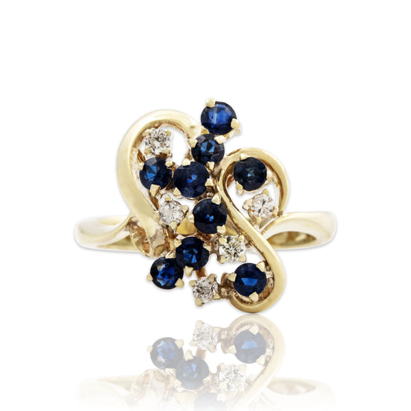 Vintage 14k Yellow Gold Blue Sapphire Diamond Swirling Cascade Ring 6.50