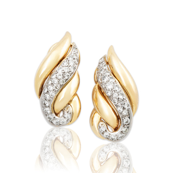 Vintage 14k Yellow Gold .862cttw Diamond Twisted Shell Statement Earrings