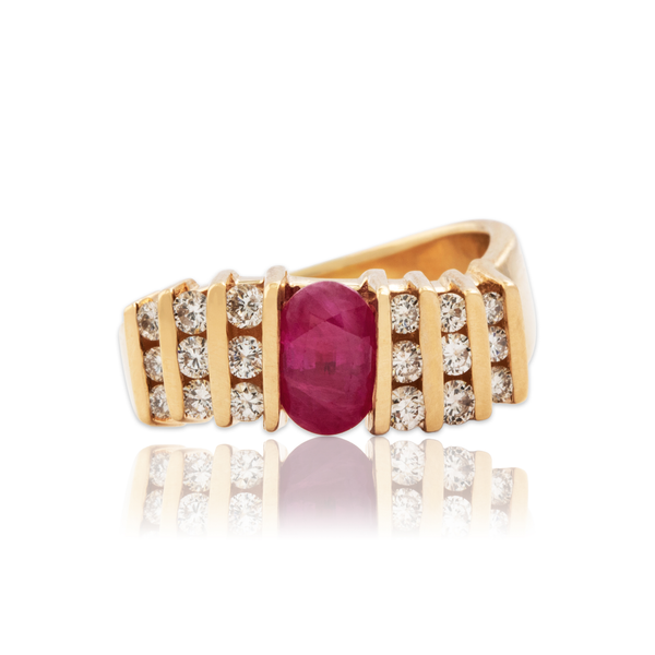 Vintage 14k Yellow Gold 1.18ct Ruby Diamond Asymmetric Wave Ring 7.00