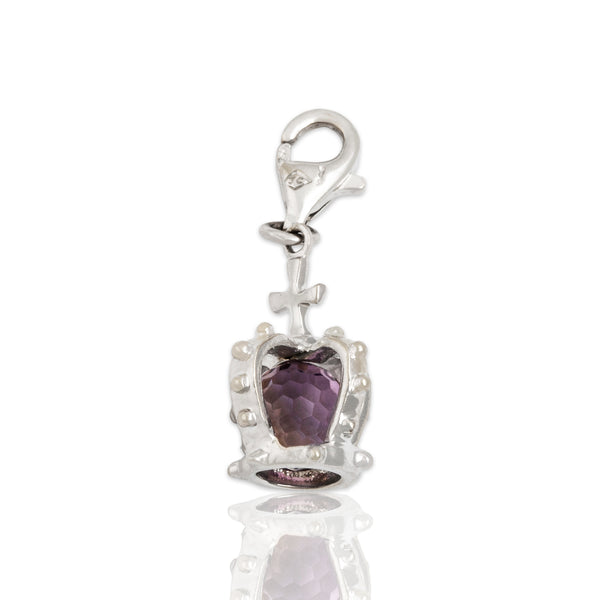 Vintage 18k White Gold Amethyst Crowned Checkerboard Gem Charm / Pendant
